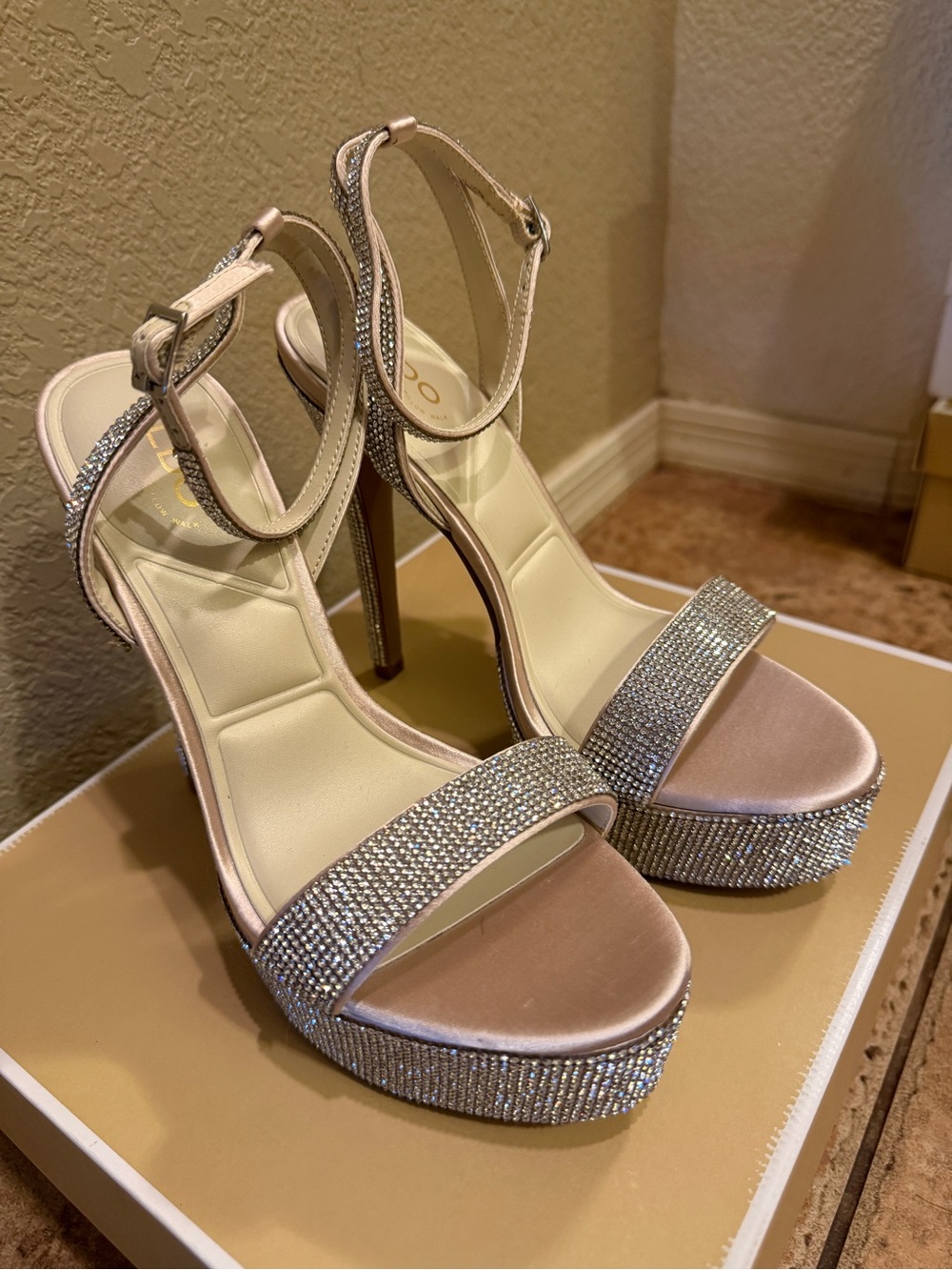 Aldo Rose Gold Crystal Platform Stiletto Sandals